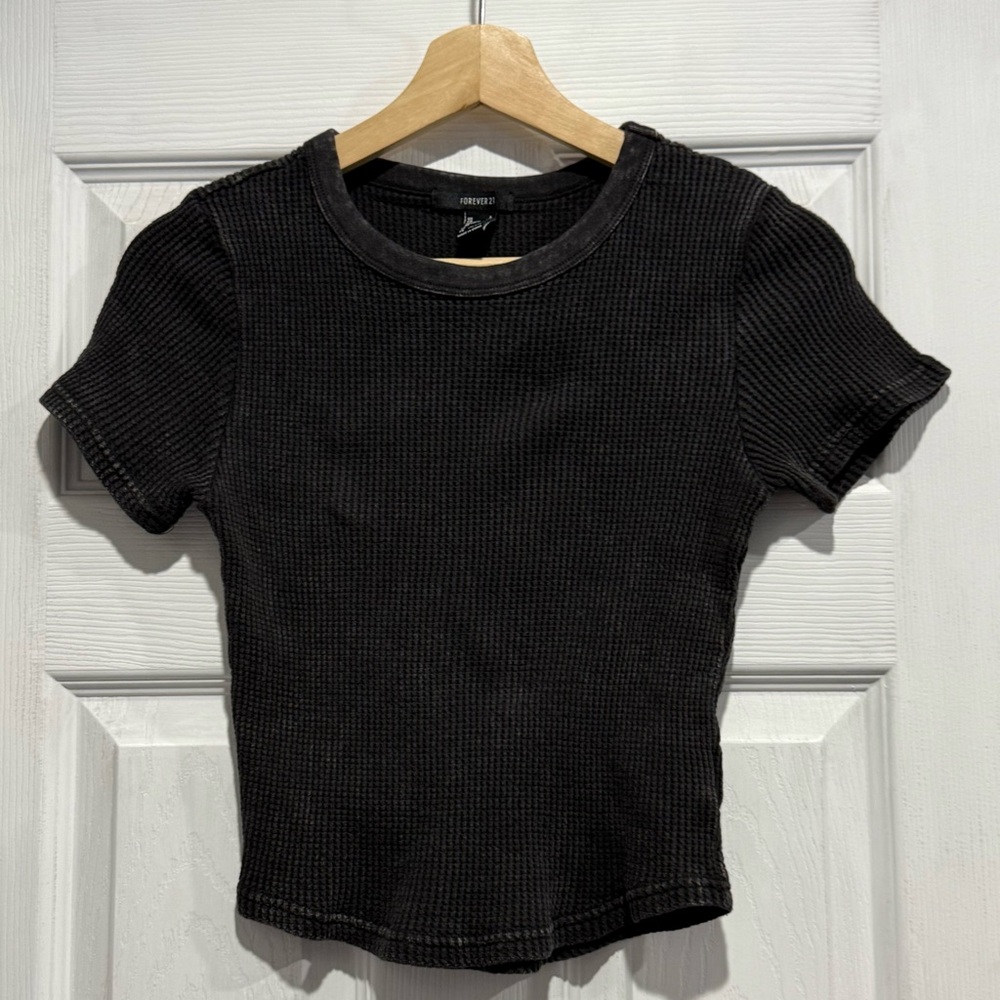 Charcoal Cropped Waffle Knit Tee
